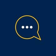 A blue graphic with a yellow talk bubble and white ellipsis